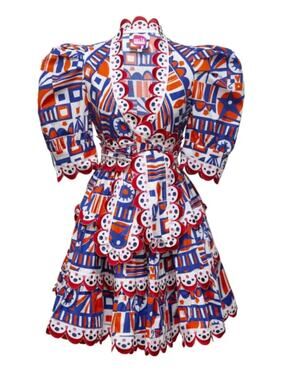 Celia B Tuckernuck Celeste Red White Blue Scalloped Mini Wrap Puff Sleeve Dress